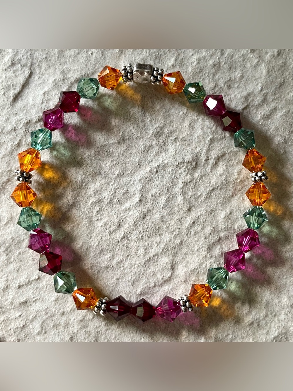 Handmade Hibiscus Swarovski Bicone Crystal Antique Silver Stretch Bracelet FIRM